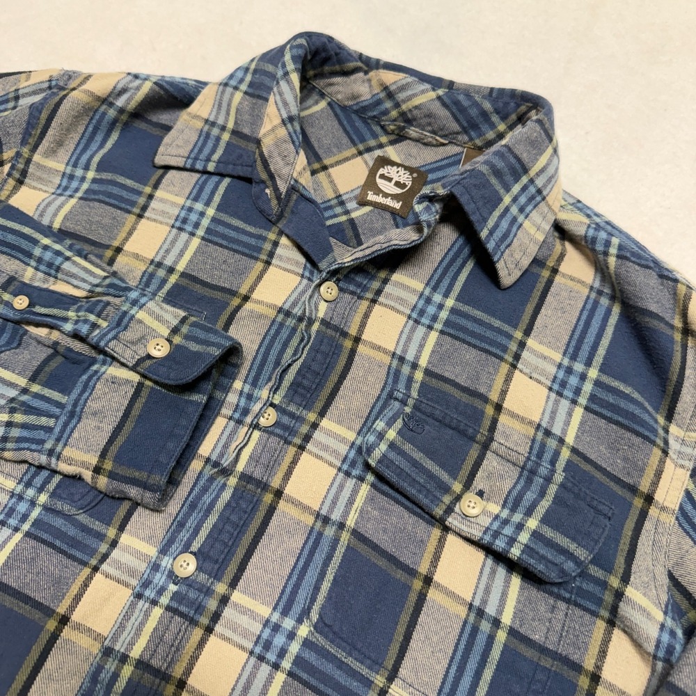 Timberland Men's Medium Flannel Shirt Blue /‎ Beige Plaid 100% Cotton Workwear